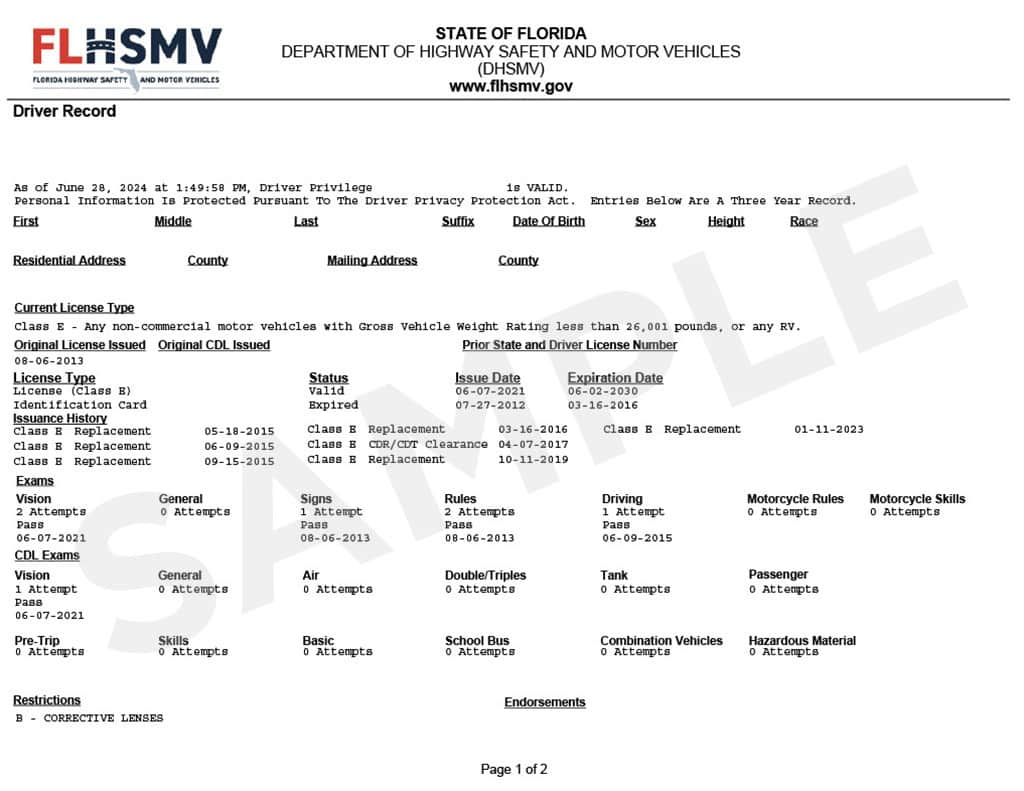 Florida Driving Record Sample Driving Record